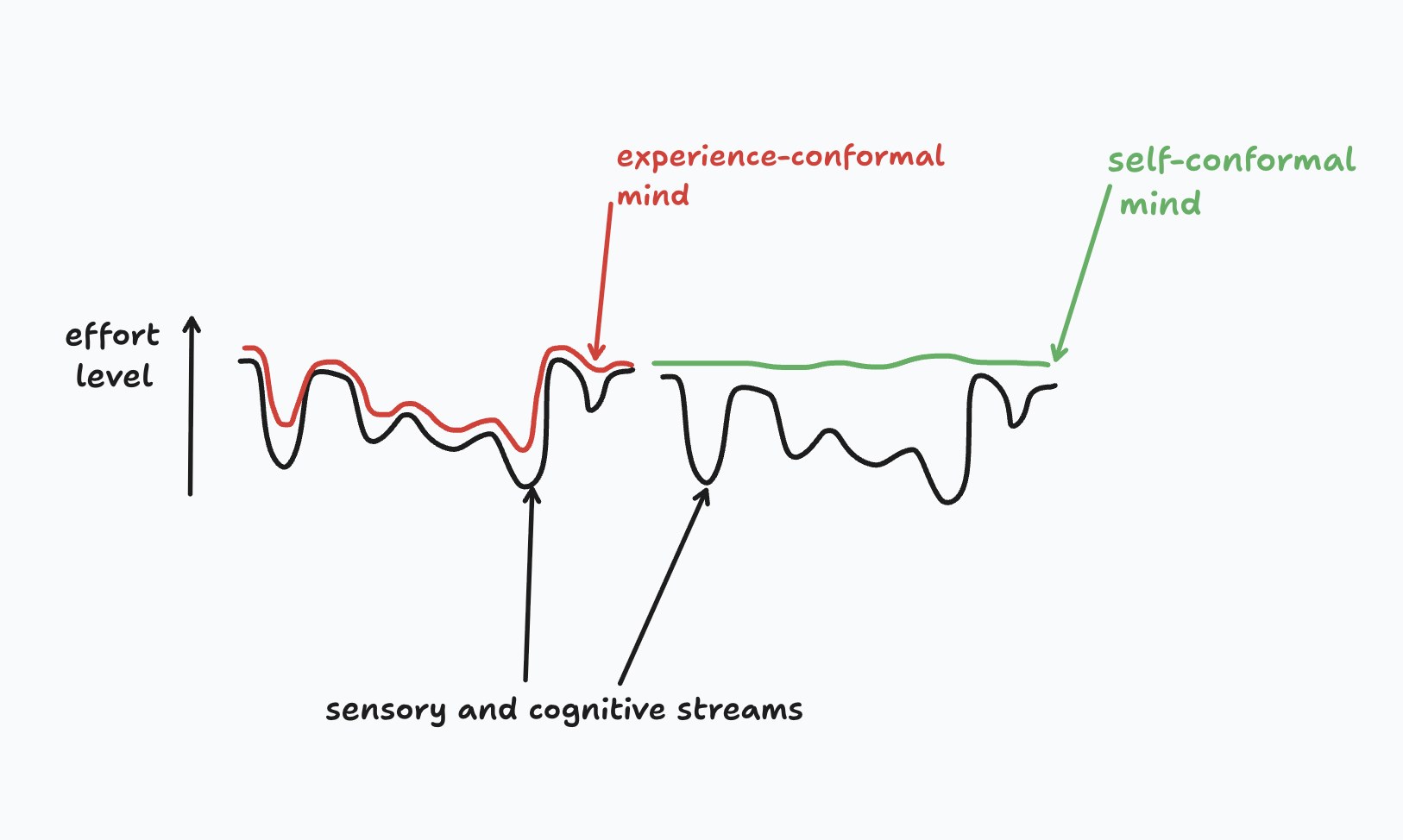 Effort level over sensory and cognitive streams: an experience-conformal mind follows their valleys; a self-conformal mind stays level.